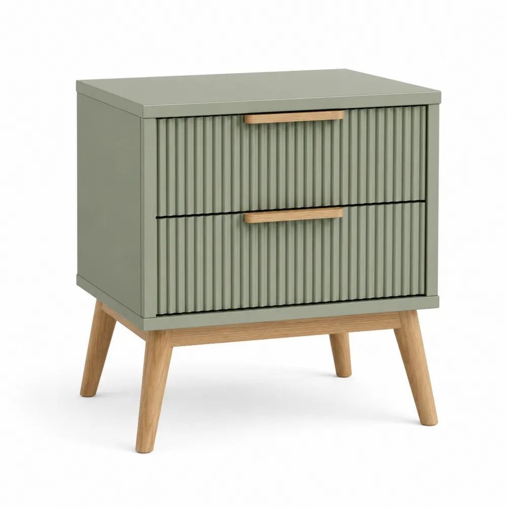 Table de chevet rectangulaire en bois avec 2 tiroirs, vert sauge et bois naturel, 50 × 40 × 60 cm
